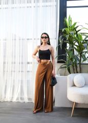 Keten Önü Çapraz Parçali Lasti̇kli̇ Ve Bağcikli Geni̇ş Paça Pantolon