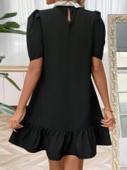 Kadın Kısa Kollu Yakalı Inci Detaylı Kısa Ithal Krep Elbise