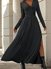 Kadın Uzun Kollu V Dantel Yakalı Yırtmaçlı Uzun Sandy Elbise