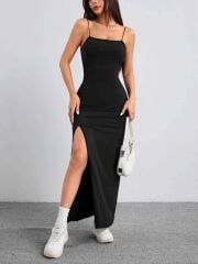 Kadın Ip Askılı Yandan Yırtmaçlı Janjan Krep Elbise