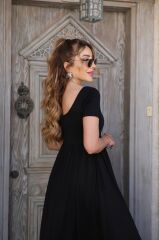 Kadın Kısa Kollu Yuvarlak Yaka önden Yırtmaçlı Cepli Viskon Uzun Elbise