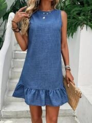 Kadın Kolsuz Bisiklet Yaka Fırfırlı Sofya Elbise