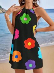 Kadın Boyundan Askılı Kolsuz çiçek Desenli Süprem Elbise