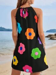 Kadın Boyundan Askılı Kolsuz çiçek Desenli Süprem Elbise