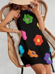 Kadın Boyundan Askılı Kolsuz çiçek Desenli Süprem Elbise