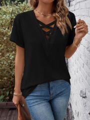 Kadın Kısa Kollu önden çapraz Detay V Yakalı Viskon Bluz