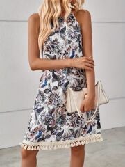 Kadın Halter Yaka Eteği Püsküllü Boyundan Bağlamalı çiçek Desen Süprem Elbise