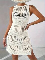 Kadın Askılı Derin Sırt Dekolteli Ajurlu Triko Pareo