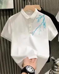 Unisex Yakası Düğmeli Oversize Baskılı T-Shirt - Beyaz