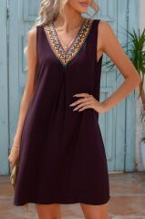 Kadın Sıfır Kol şerit Detaylı V Yaka Viskon Elbise