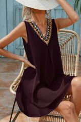 Kadın Sıfır Kol şerit Detaylı V Yaka Viskon Elbise