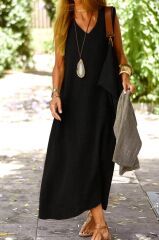 Kadın Kolsuz V Yakalı Maksi Boy Ithal Keten Elbise