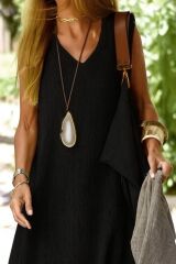 Kadın Kolsuz V Yakalı Maksi Boy Ithal Keten Elbise