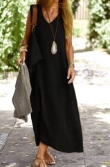 Kadın Kolsuz V Yakalı Maksi Boy Ithal Keten Elbise