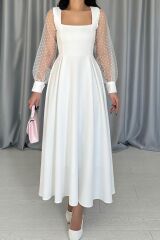 Beyaz Kolları Organze Kuplu Elbise