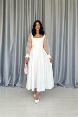 Beyaz Kolları Organze Kuplu Elbise