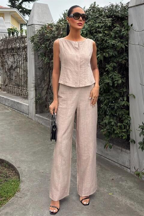 Sıfır Kollu Bluz Batik Desenli Pantolon İkili Takım 10181-08