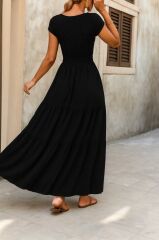 Kadın Kısa Kollu Kruvaze Yaka Beli Lastikli Süprem Maksi Boy Elbise