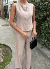 Sıfır Kollu Bluz Batik Desenli Pantolon İkili Takım 10181-08