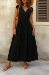 Kadın Kısa Kollu Kruvaze Yaka Beli Lastikli Süprem Maksi Boy Elbise