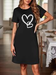 Kadın Kısa Kollu Bisiklet Yaka Kalp Desenli Viskon Elbise