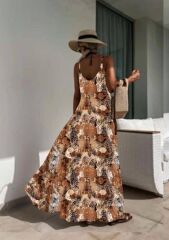 Kadın Dijital Baskılı Suprem Kumaş Askılı Maxi Boy Elbise