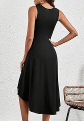 Kadın Sıfır Kollu Bisiklet Yaka Büzgülü Asimetrik Kesim Detaylı Janjan Krep Elbise