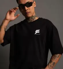 Unisex Bisiklet Yaka Baskılı Oversize T-Shirt - Siyah