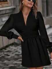 Kadın Uzun Kollu V Yaka Belden Hafif Pileli Scuba Krep Mini Boy Elbise