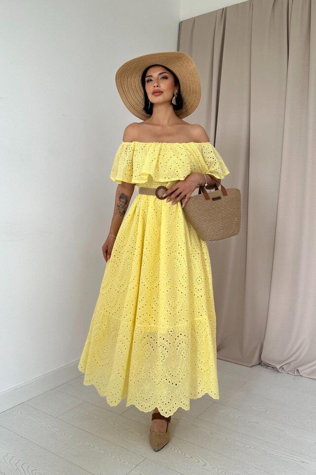 Sarı Omzu Lastikli Brode Elbise