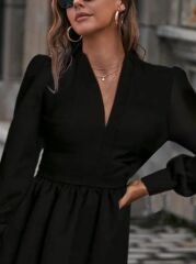 Kadın Uzun Kollu V Yaka Belden Hafif Pileli Scuba Krep Mini Boy Elbise