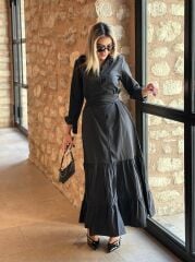 Kadın Uzun Kollu Eteği Fırfırlı Beli Kuşaklı Trikoton Tam Boy Gömlek Elbise