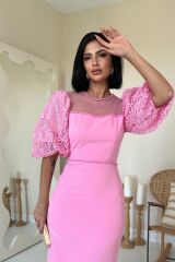 Pembe İncili Tül Detay Elbise