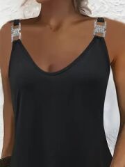 Kadın Askılı V Yakalı Toka Detaylı Janjan Krep Elbise