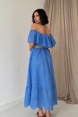 Bebe Mavi Omzu Lastikli Brode Elbise