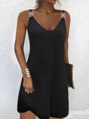 Kadın Askılı V Yakalı Toka Detaylı Janjan Krep Elbise