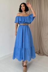 Bebe Mavi Omzu Lastikli Brode Elbise