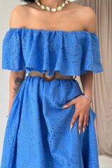 Bebe Mavi Omzu Lastikli Brode Elbise