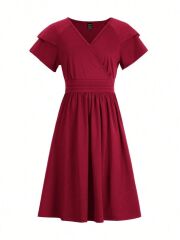 Kadın Kısa Fırfır Kollu Kruvaze Yakalı Kiloş Janjan Krep Elbise