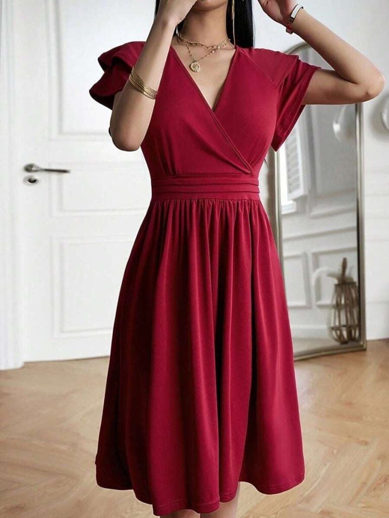 Kadın Kısa Fırfır Kollu Kruvaze Yakalı Kiloş Janjan Krep Elbise