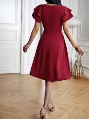 Kadın Kısa Fırfır Kollu Kruvaze Yakalı Kiloş Janjan Krep Elbise