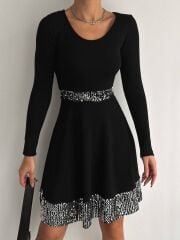 Kadın Bisiklet Yaka Beli Ve Eteği Pul Payet Detay Fırsat ürün Diz üstü Elbise