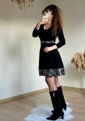 Kadın Bisiklet Yaka Beli Ve Eteği Pul Payet Detay Fırsat ürün Diz üstü Elbise