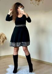 Kadın Bisiklet Yaka Beli Ve Eteği Pul Payet Detay Fırsat ürün Diz üstü Elbise