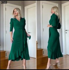 Kadın Yeşil Krep Kumaş Midi Boy Kuşaklı Uzunkol Elbise