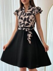 Kadın Kısa Kollu Kolu Fırfır Detay Mini Kuşaklı Kloş Krep Elbise