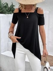 Kadın Kısa Kollu Omuzlardan Açık Askılı Asimetrik Kesim Viskon Bluz