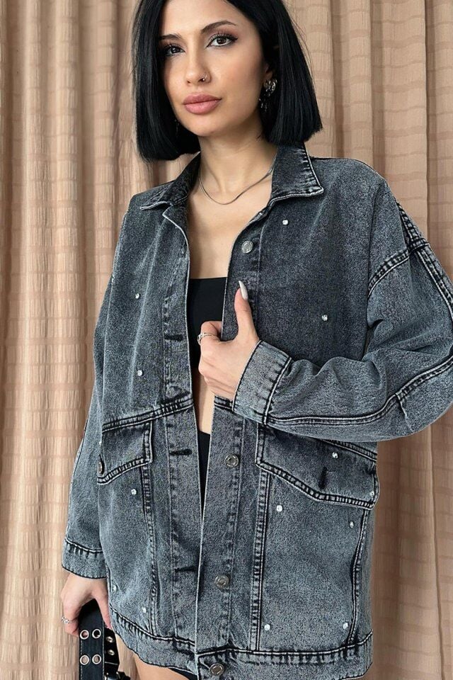 Siyah Taşlı Kot Ceket