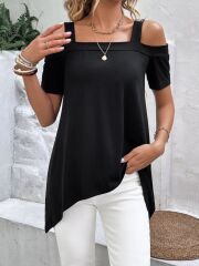 Kadın Kısa Kollu Omuzlardan Açık Askılı Asimetrik Kesim Viskon Bluz