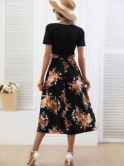 Kadın Kısa Kollu V Yakalı üst Viskon Alt Süprem Midi Elbise